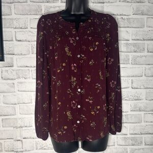The Loft Floral Burgundy Blouse Top Shirt, Boho, Hippie Size XS